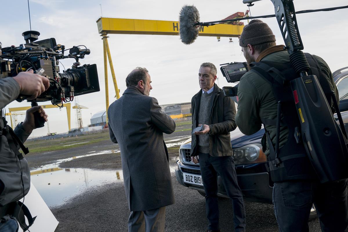 Lorcan Cranitch and James Nesbitt behind the scenes of BLOODLANDS. Cr: HTM Television/Steffan Hill