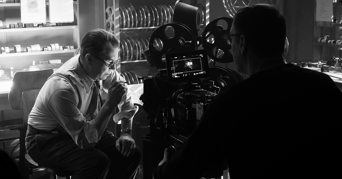 Gary Oldman on the set of Mank, photo by Nikolai Loveikis, courtesy of Netflix
