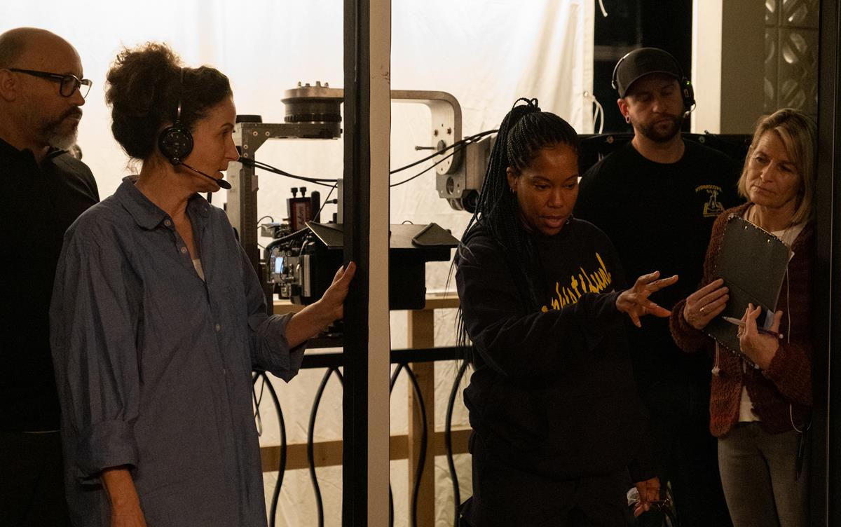 Cinematographer Tami Reiker and Director Regina King behind the scenes of ONE NIGHT IN MIAMI... Cr. Patti Perret/Amazon Studios