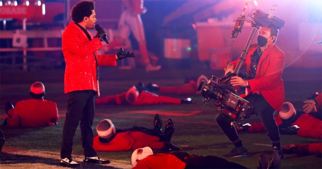 The Weeknd performing the halftime show at Super Bowl LV.