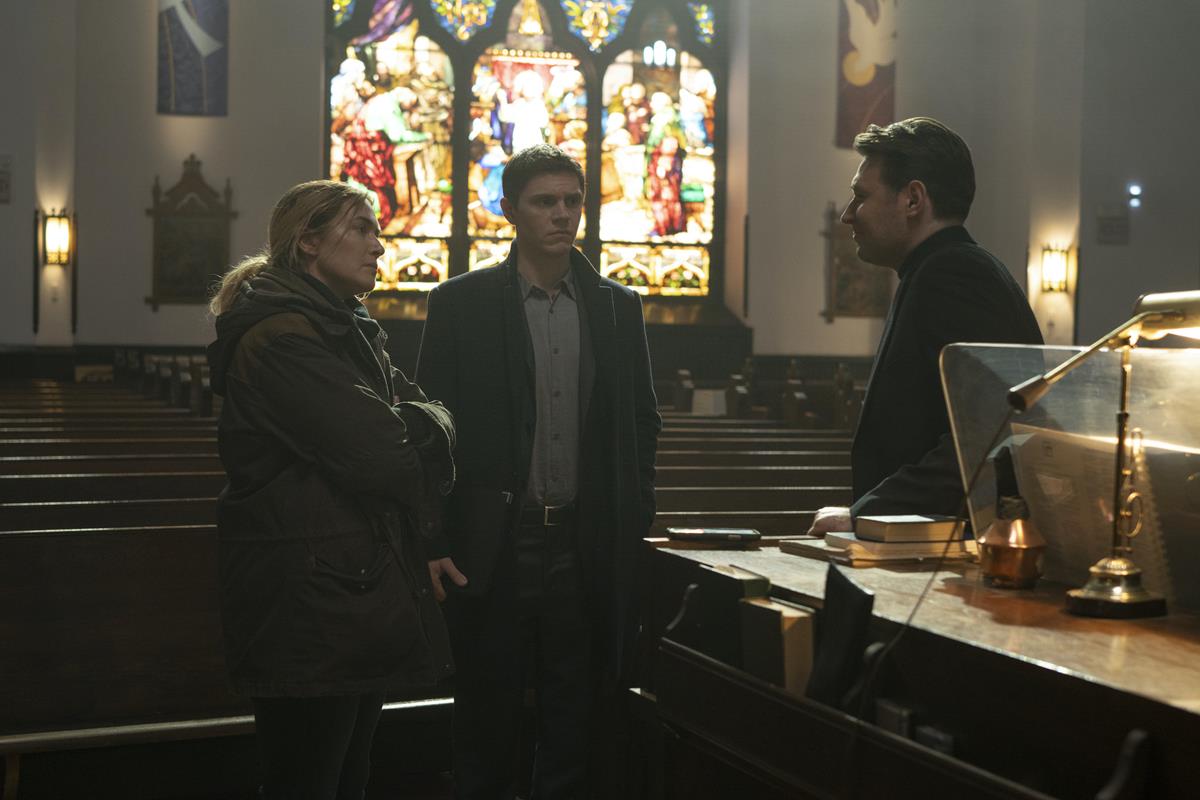 Kate Winslet, Evan Peters and James McArdle in “Mare of Easttown.” Cr: HBO