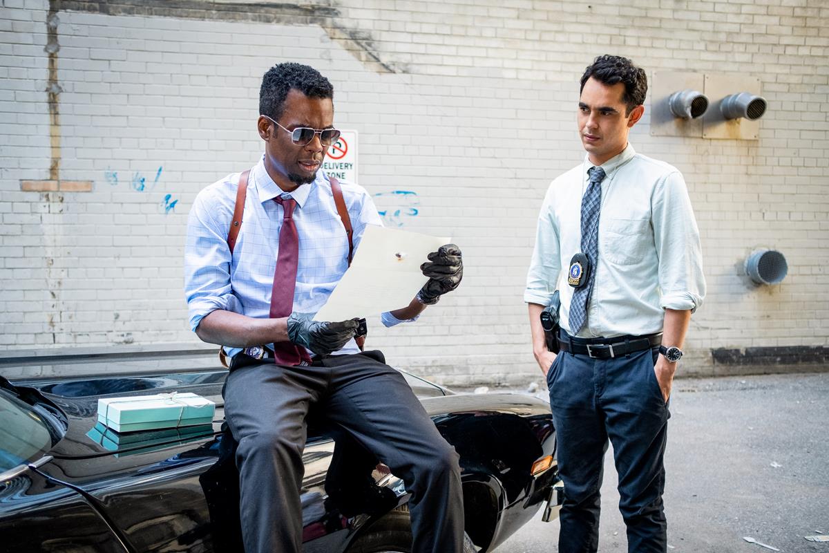 Chris Rock (left) as Detective Ezekiel “Zeke” Banks and Max Minghella (right) as Detective William in “Spiral.” Cr: Brooke Palmer/Lionsgate