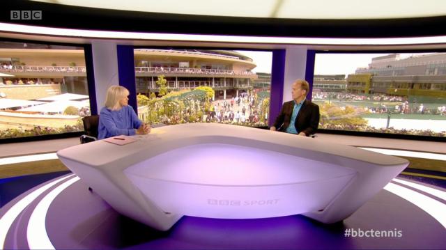 Sue Barker and John Lloyd: The final output combined the real set with a desk for the presenters and actual windows looking out to show the courts.