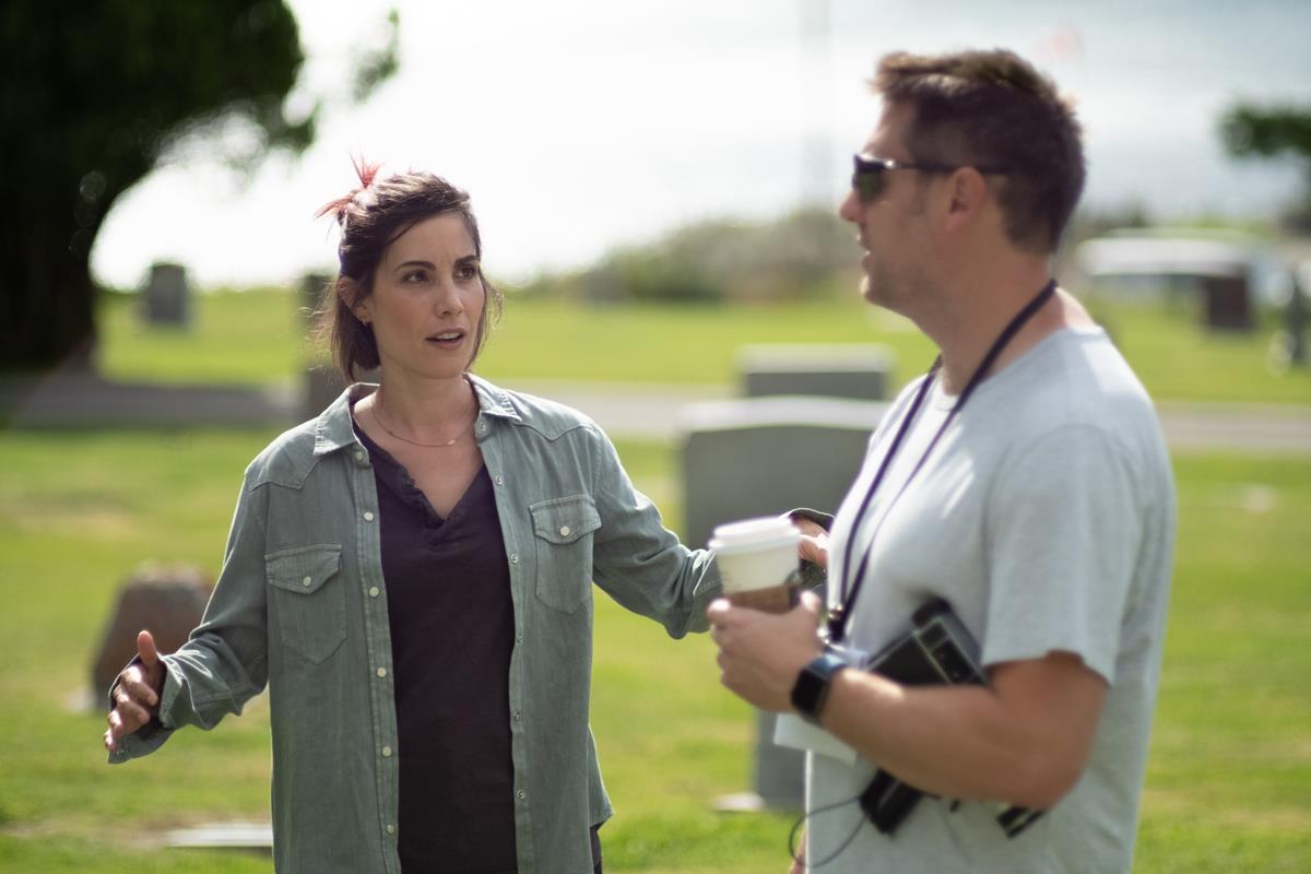 Carly Pope and director Neill Blomkamp on the set of “Demonic.” Cr: IFC Midnight