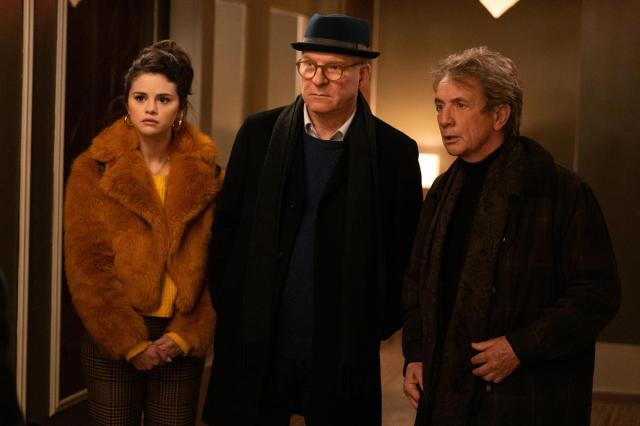 Selena Gomez as Mabel Mora, Martin Short as Oliver, and Steve Martin as Charles in Episode 1 of “Only Murders in the Building.” Cr: Hulu
