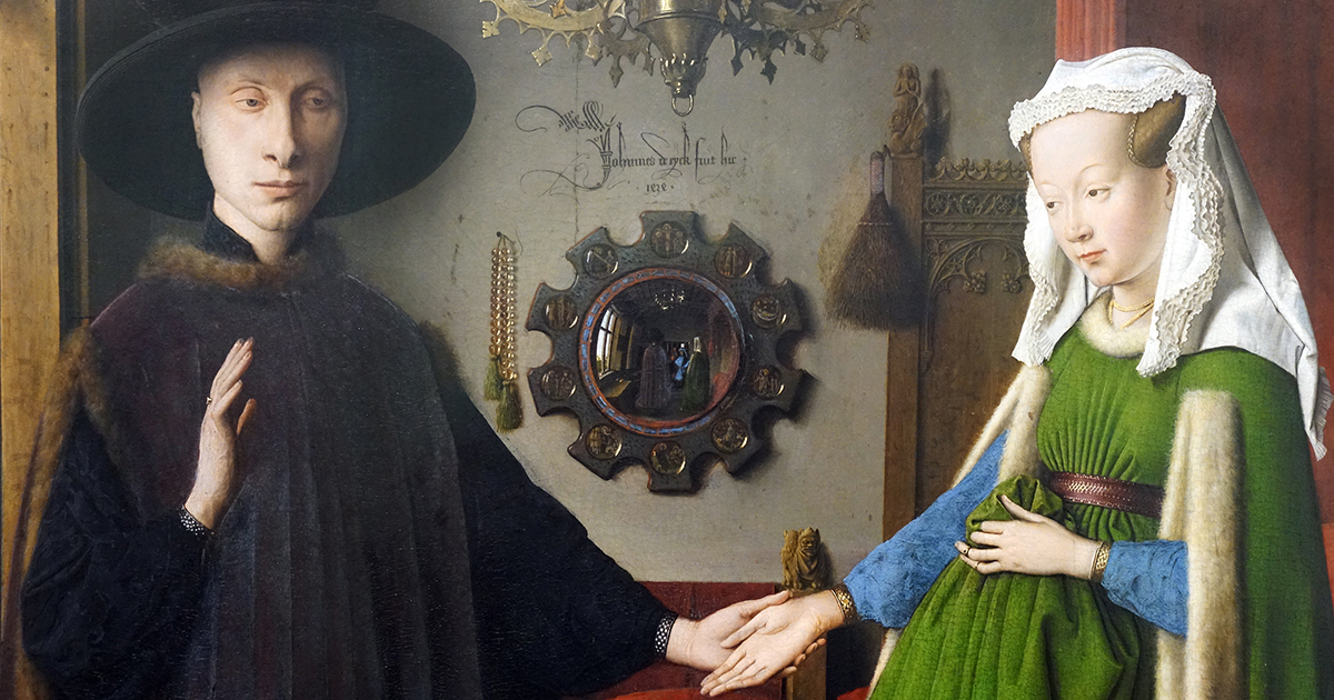 "Jan Van Eyck, Mirror detail, The Arnolfini Portrait" by profzucker is licensed with CC BY-NC-SA 2.0. To view a copy of this license, visit https://creativecommons.org/licenses/by-nc-sa/2.0/