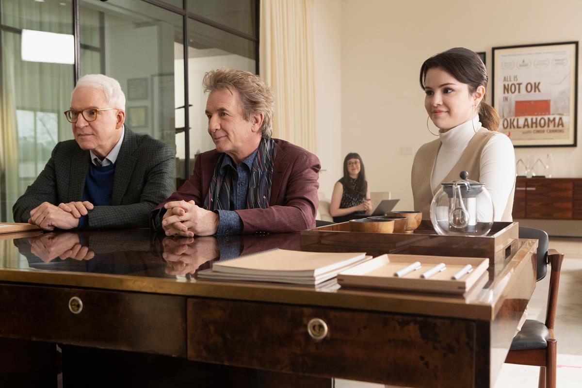 Steve Martin as Charles, Martin Short as Oliver, and Selena Gomez as Mabel Mora in Episode 4 of “Only Murders in the Building.” Cr: Hulu