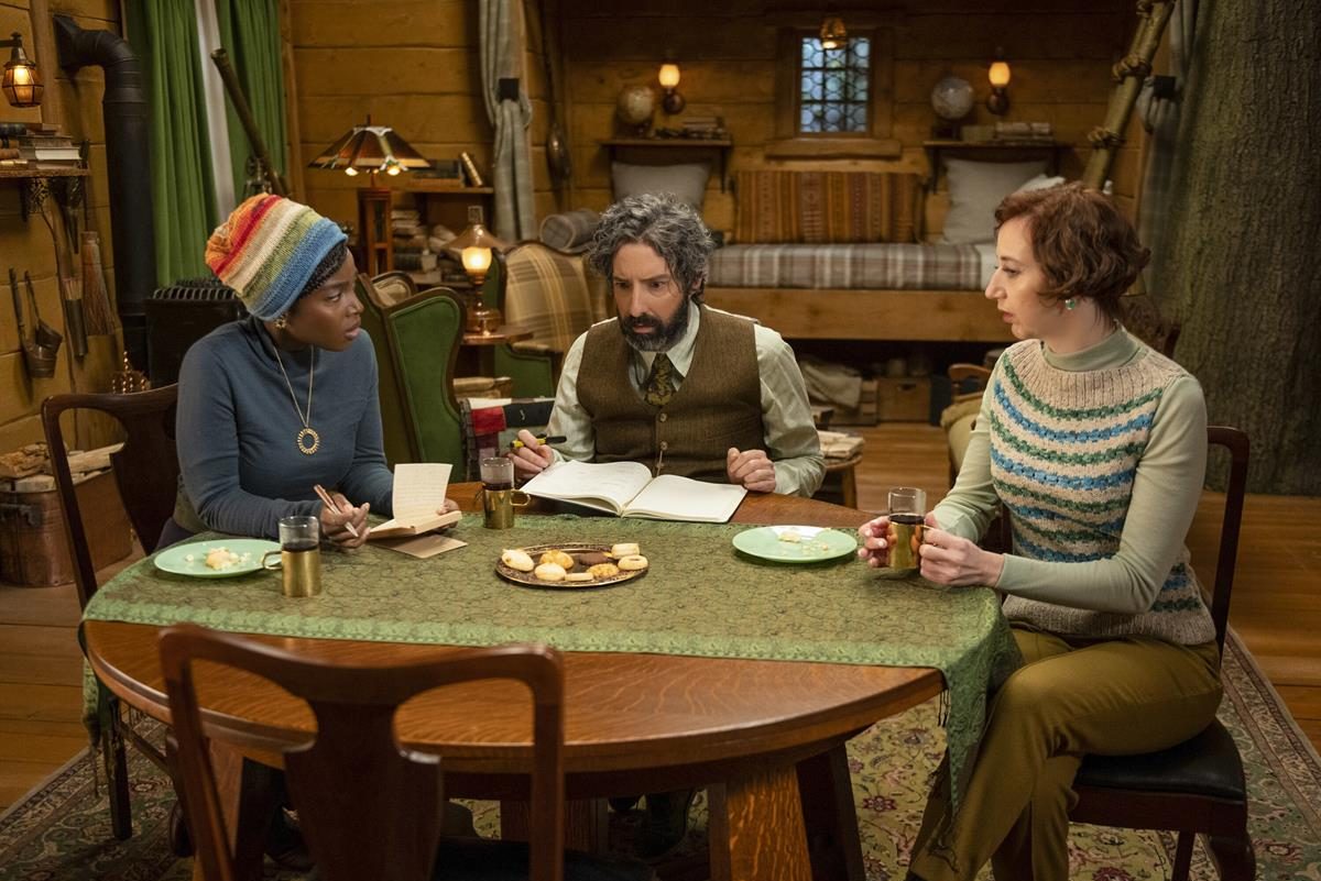 MaameYaa Boafo as Rhonda Kazembe, Tony Hale as Mr. Benedict, and Kristen Schaal as Number Two in Episode 3 of “The Mysterious Benedict Society.” Cr: Disney