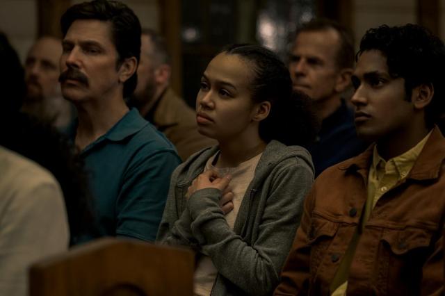 Michael Trucco as Wade Scarborough, Annarah Cymone as Leeza Scarborough, and Rahul Abburi as Ali Hassan in Episode 5 of “Midnight Mass.” Cr. Eike Schroter/Netflix