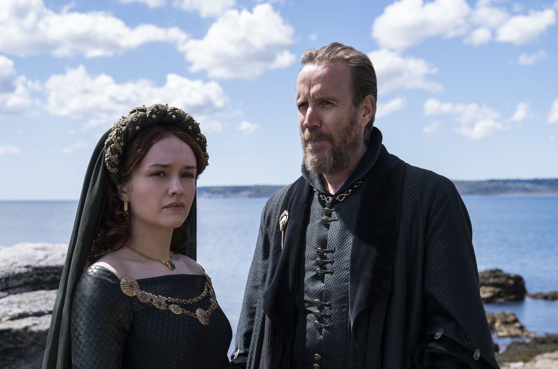 Olivia Cooke as "Alicent Hightower" and Rhys Ifans as "Otto Hightower" in HBO’s upcoming Series “House of the Dragon.” Photograph by Ollie Upton/HBO