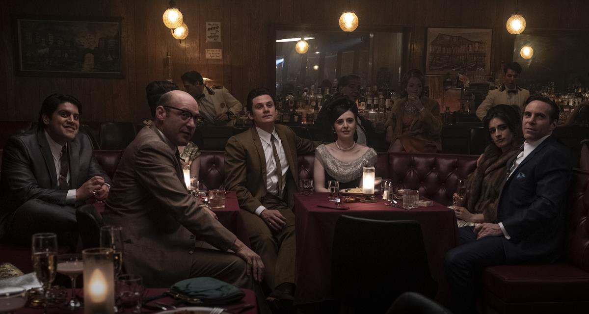 Samson Moeakiola as Pussy Bonpensiero, Corey Stoll as Junior Soprano, Billy Magnussen as Paulie Walnuts, Michela de Rossi as Giuseppina Moltisanti (second from right) and Alessandro Nivola as Dickie Moltisanti in “The Many Saints of Newark.” Cr: Barry Wetcher/Warner Bros. Pictures