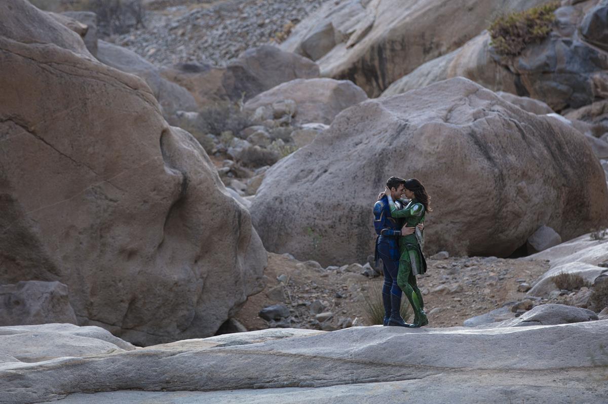Richard Madden as Ikaris and Gemma Chan as Sersi in director Chloé Zhao’s “Eternals.” Cr: Marvel Studios