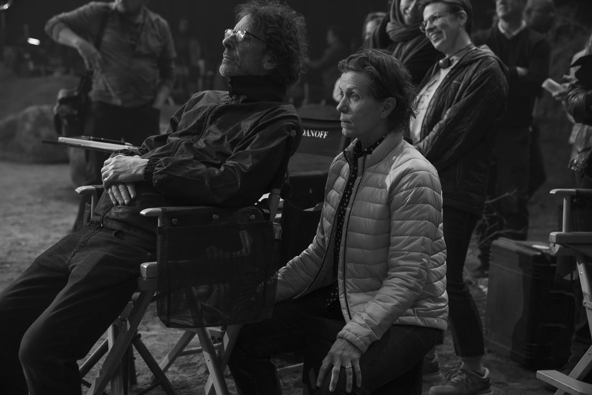 Director Joel Coen and Frances McDormand on the set of “The Tragedy of Macbeth.” Cr: Alison Cohen Rosa /A24/Apple TV+