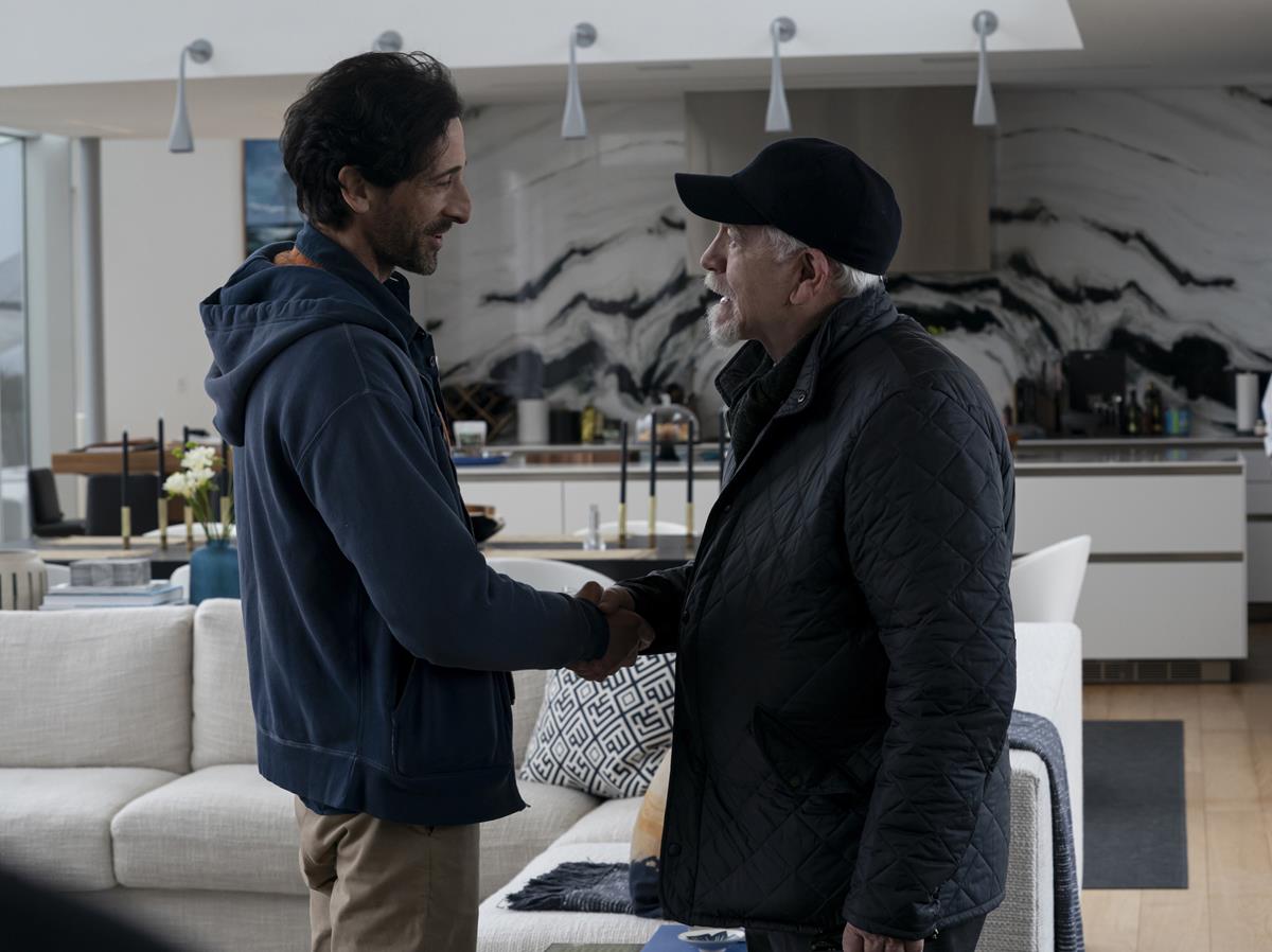 Adrien Brody as Josh Aaronson and Brian Cox as Logan Roy in Season 3 Episode 4 of “Succession.” Cr: HBO