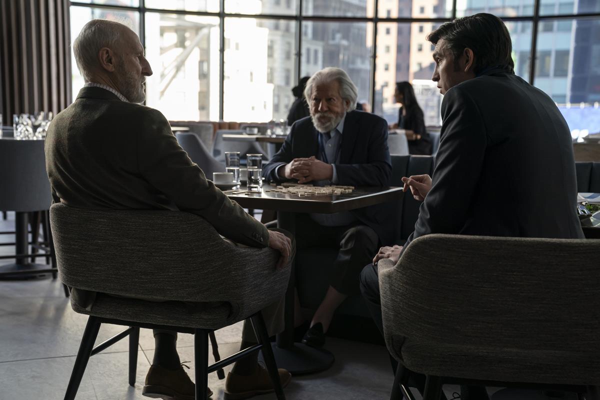 James Cromwell as Ewan Roy, Peter Riegert as Roger Pugh, and Nicholas Braun as Greg Hirsch in Season 3 Episode 5 of “Succession.” Cr: HBO
