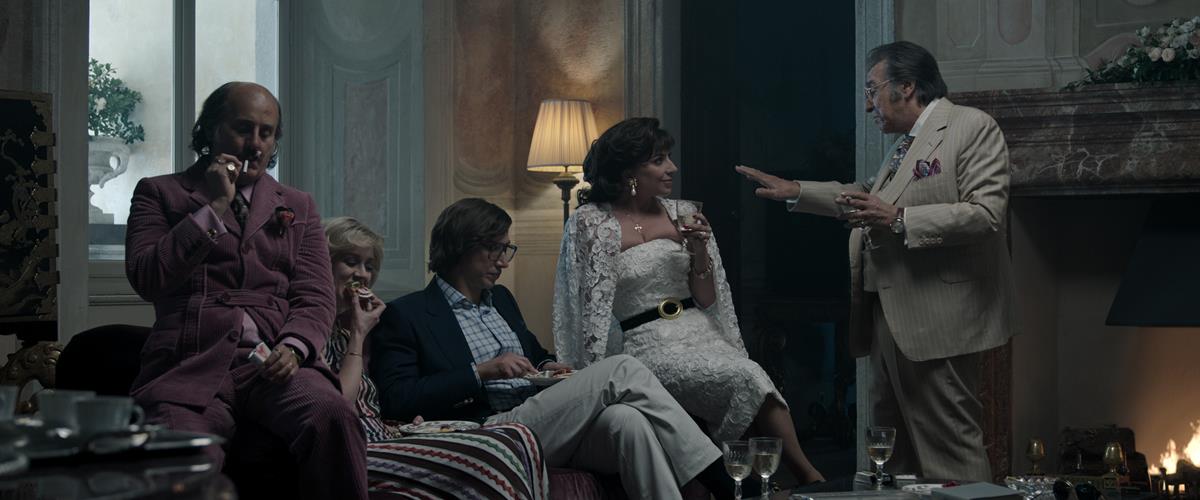 Jared Leto as Paolo Gucci, Florence Andrews as Jenny Gucci, Adam Driver as Maurizio Gucci, Lady Gaga as Patrizia Reggiani, and Al Pacino as Aldo Gucci in director Ridley Scott’s “House of Gucci.” Cr: MGM