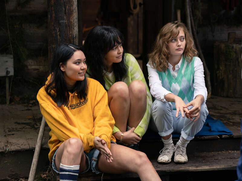 Alexa Barajas as Teen Mari, Courtney Eaton as Teen Lottie, and Ella Pernell as Jackie in season 1 episode 4 of “Yellowjackets.” Cr: Showtime