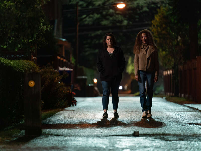 Melanie Lynskey as Shauna and Tawny Cypress as Taissa in season 1 episode 8 of “Yellowjackets.” Cr: Showtime