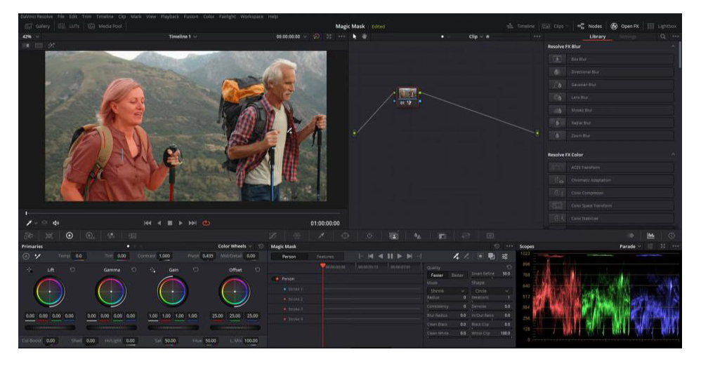 The Davinci Resolve editing suite utilizes AI. The “magic mask” tool automatically traces and extracts people from backgrounds. Cr: Blackmagic Design