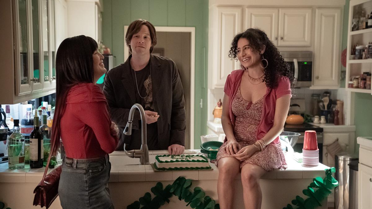 Zoë Chao as Zoë, Ike Barinholtz as Brett, and Illana Glazer as Chelsea in episode 5 of “The Afterparty.” Cr: Apple TV+