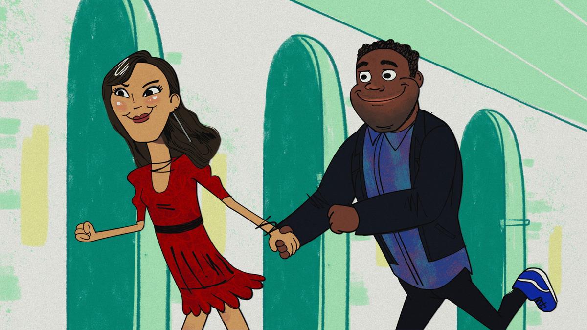 Zoë Chao as Zoë and Sam Richardson as Aniq in episode 6 of “The Afterparty.” Cr: Apple TV+