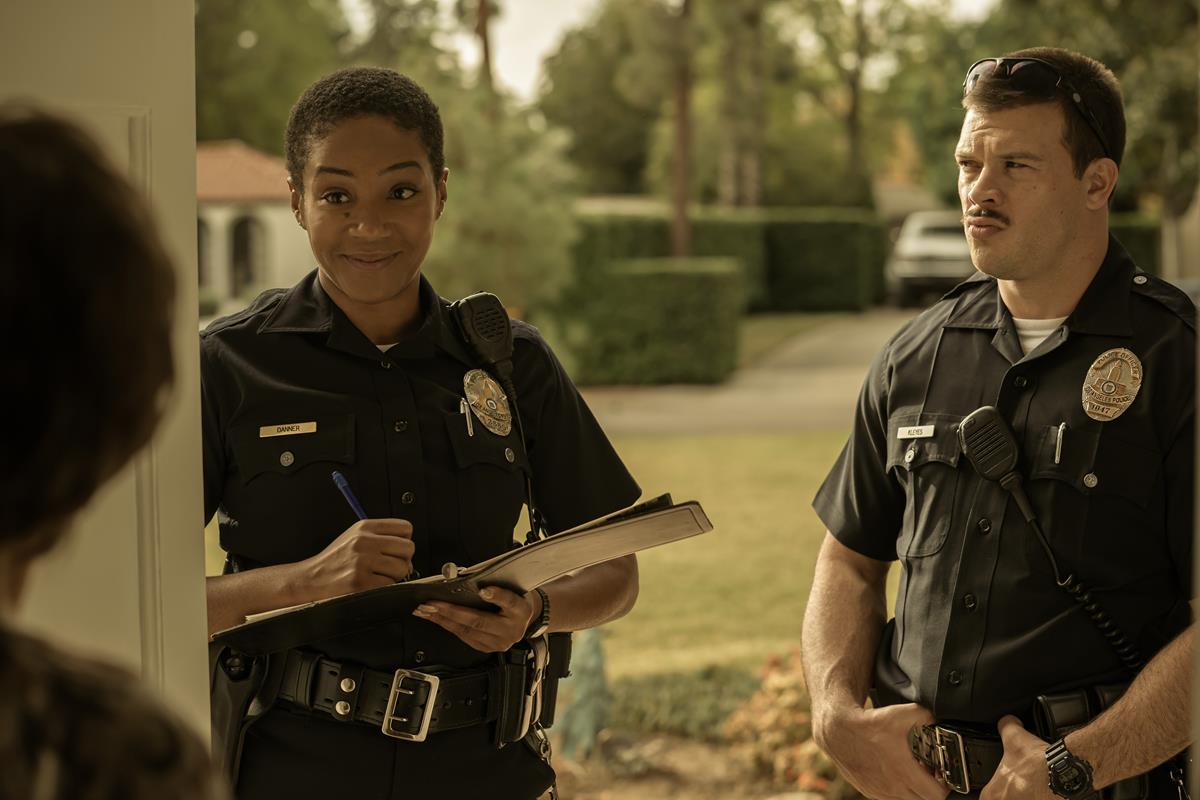 Tiffany Haddish as Detective Danner and Jimmy Tatro as Officer Kleyes in episode 7 of “The Afterparty.” Cr: Apple TV+