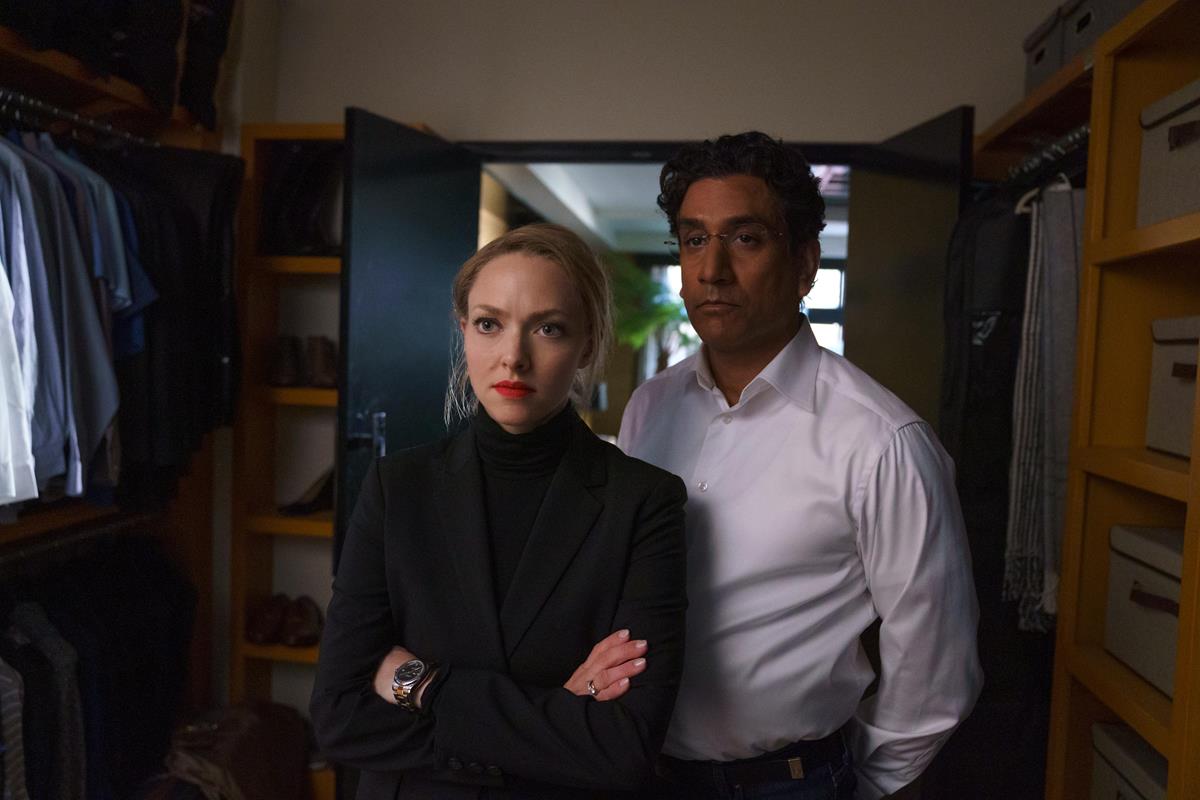 Amanda Seyfried as Elizabeth Holmes and Naveen Andrews as Sunny Balwani in episode 3 of “The Dropout.” Cr: Beth Dubber/Hulu