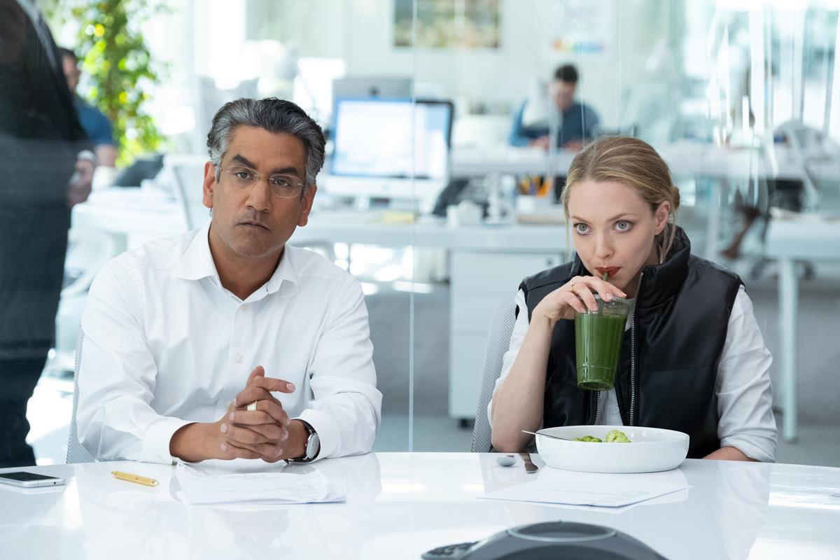 Naveen Andrews as Sunny Balwani and Amanda Seyfried as Elizabeth Holmes in episode 7 of “The Dropout.” Cr: Beth Dubber/Hulu