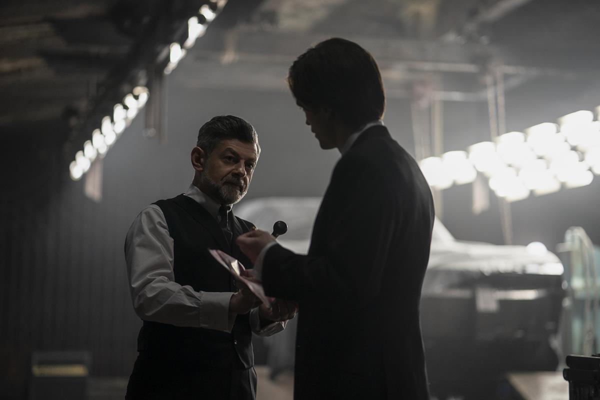 Andy Serkis as Alfred Pennyworth and Robert Pattinson as Batman in director Matt Reeves’ “The Batman.” Cr: Jonathan Olley/Warner Bros. Pictures