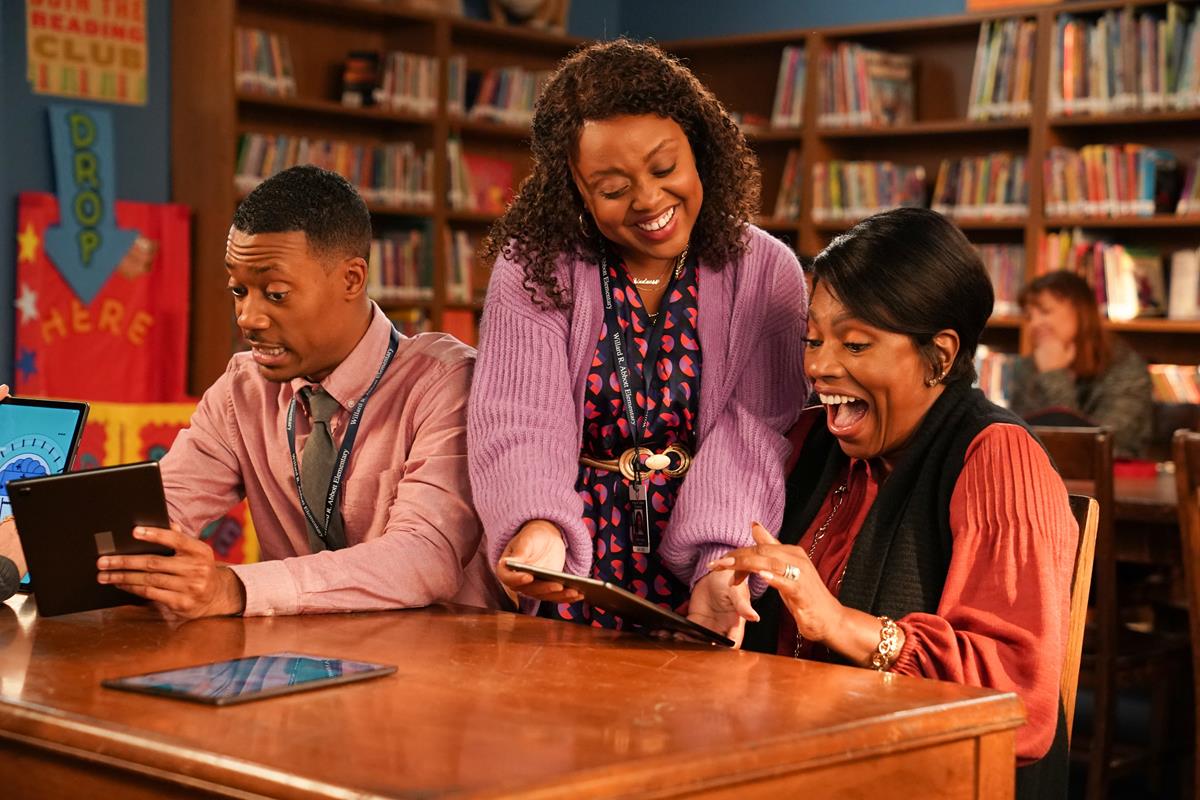 Tyler James Williams as Gregory Eddie, Quinta Brunson as Janine Teagues, and Sheryl Lee Ralph as Barbara Howard in episode 2 of “Abbott Elementary.” Cr: ABC