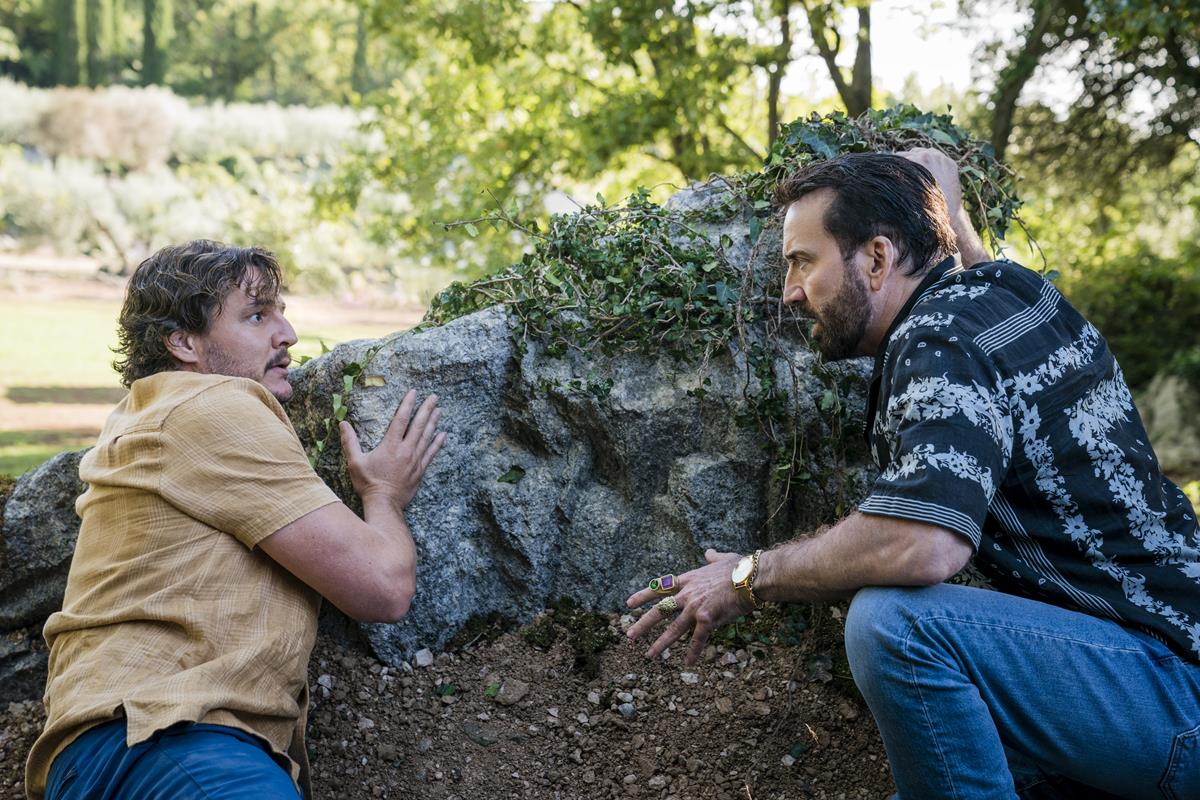 Nick Cage as himself and Pedro Pascal as Javi Gutierezz in “The Unbearable Weight of Massive Talent.” Cr: Katalin Vermes/Lionsgate