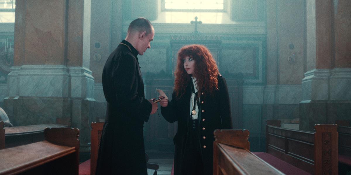 Ákos Orosz as Father Laszlo and Natasha Lyonne as Nadia Vulvokov in season 2 episode 5 of “Russian Doll.” Cr: Netflix