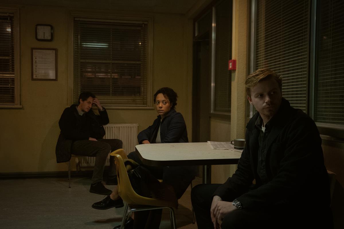 Jack Lowden as River Cartwright, Rosalind Eleazar as Louisa Guy, and Dustin Demri-Burns as Min Harper in episode 3 of “Slow Horses.” Cr: Apple TV+
