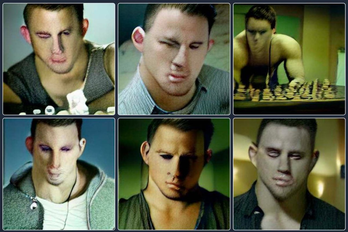 DALL·E Mini’s image results for the prompt “checkers with Channing Tatum.” Cr: Sarah Rose Sharp/Hyperallergic