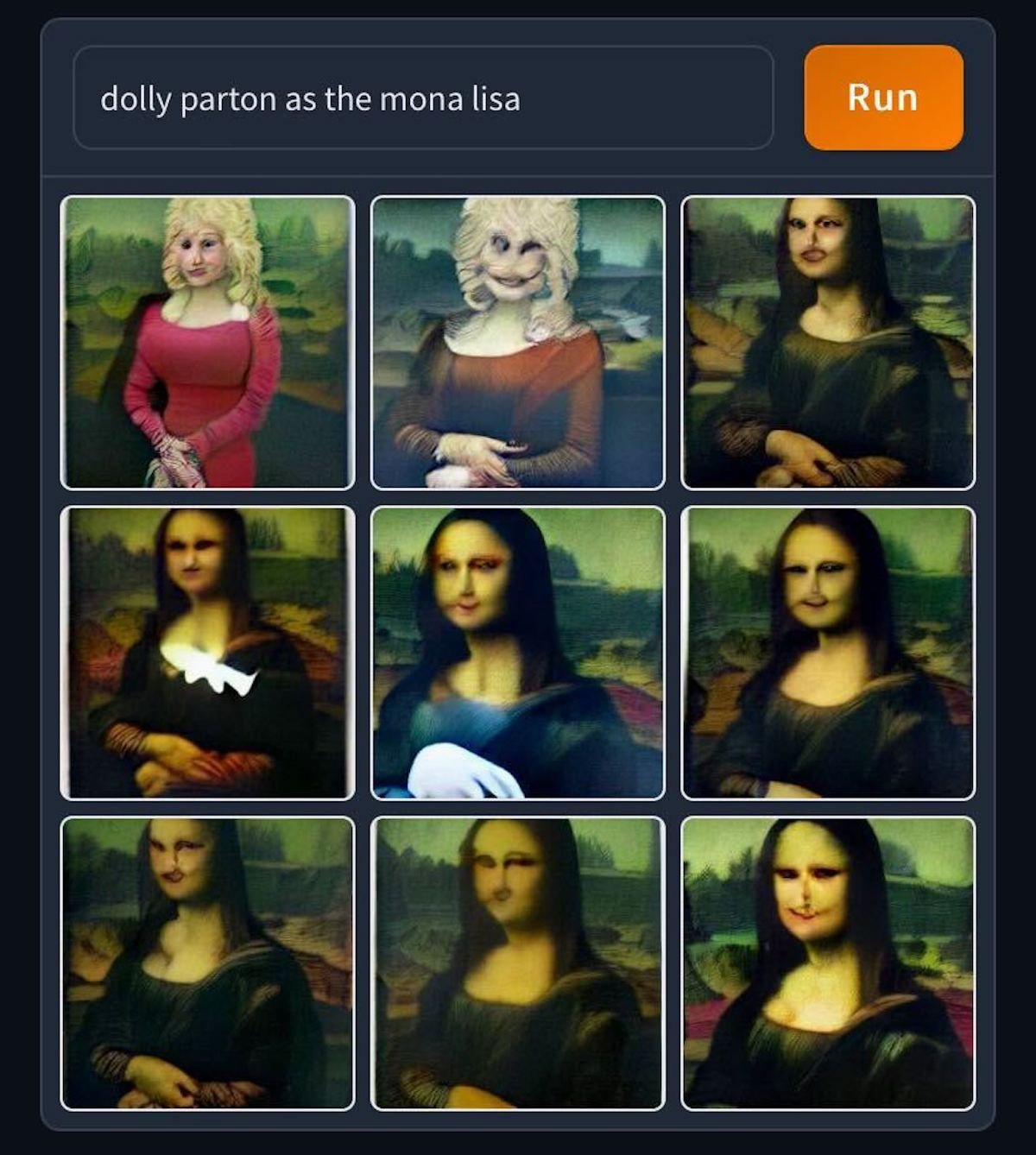 DALL-E Mini’s image results for the prompt “Dolly Parton as the Mona Lisa.” Cr: Sarah Rose Sharp/Hyperallergic