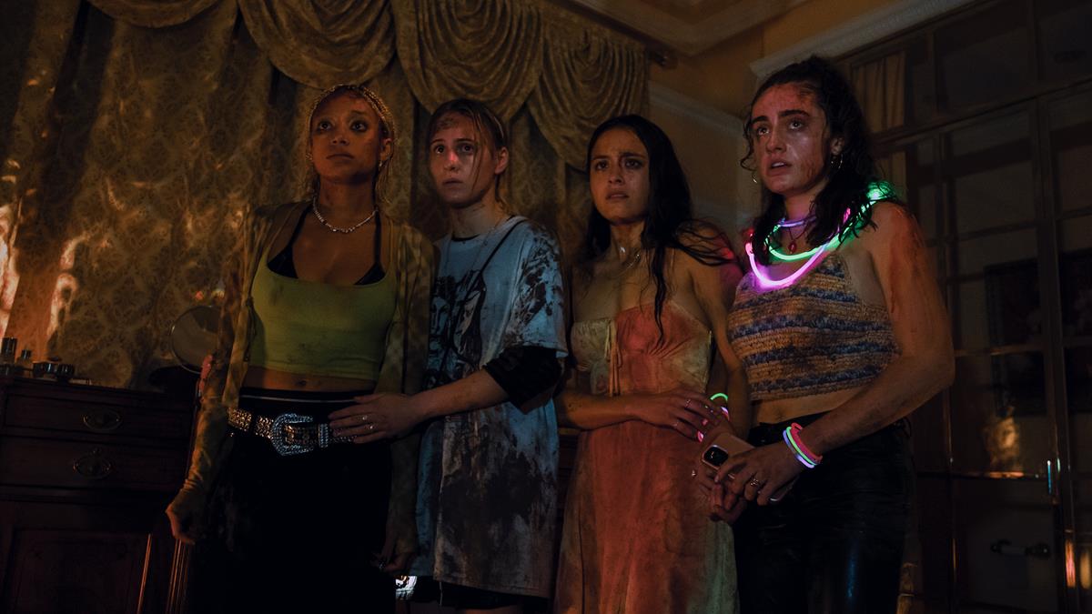 Amandla Stenberg as Sophie, Maria Bakalova as Bee, Rachel Sennott as Alice, and Chase Sui Wonders as Emma in “Bodies Bodies Bodies” Cr: A24
