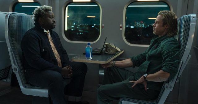 Director David Leitch was drawn to “Bullet Train” not because of the action or comedy, but because of what he calls “this big existential question” at the center of the story. Bryan Tyree Henry as Lemon and Brad Pitt as Ladybug. Cr: Scott Garfield/Sony Pictures
