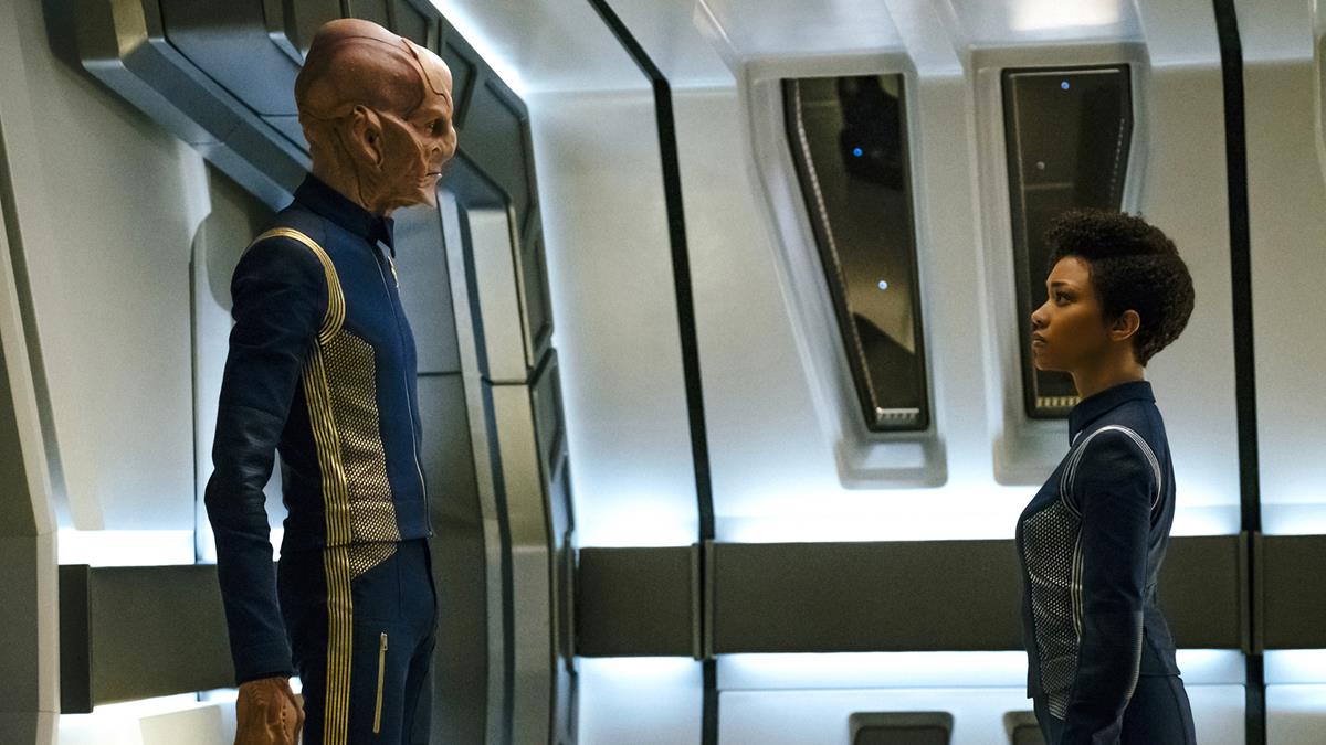 Doug Jones as Lieutenant Saru and Sonequa Martin-Green as First Officer Michael Burnham in episode 5 of “Star Trek: Discovery.” Cr: Jan Thijs /Paramount+