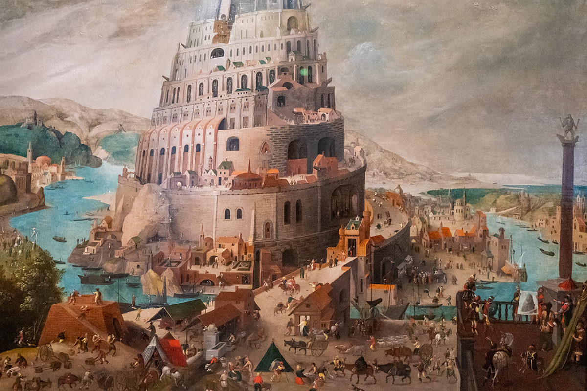 Louvre, Abu Dhabi, United Arab Emirates - May 10, 2020.  "THE TOWER OF BABEL" BY ABEL GRIMMER painting in Abu Dhabi louvre.