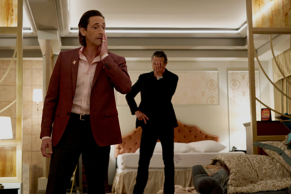Adrien Brody as Sterling Frost Jr. and Benjamin Bratt as Cliff Legrand in “Poker Face.” Cr: Karolina Wojtasik/Peacock