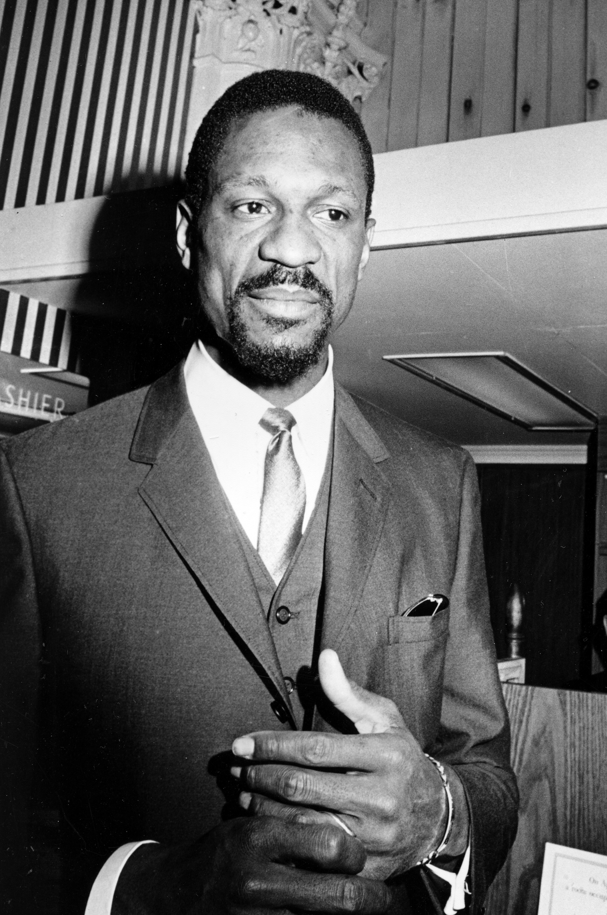 Boston Celtics' coach Bill Russell is seen during a press conference in Boston, April 18, 1966. cr: AP Images/Courtesy of Netflix
