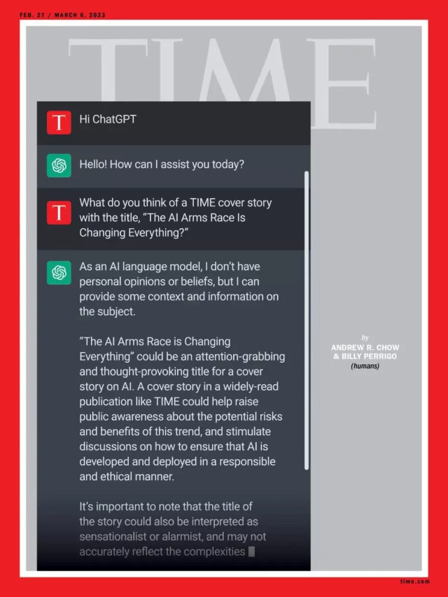 The cover of the digital edition of Time Magazine asking ChatGPT for a critique., released Feb. 16, 2023