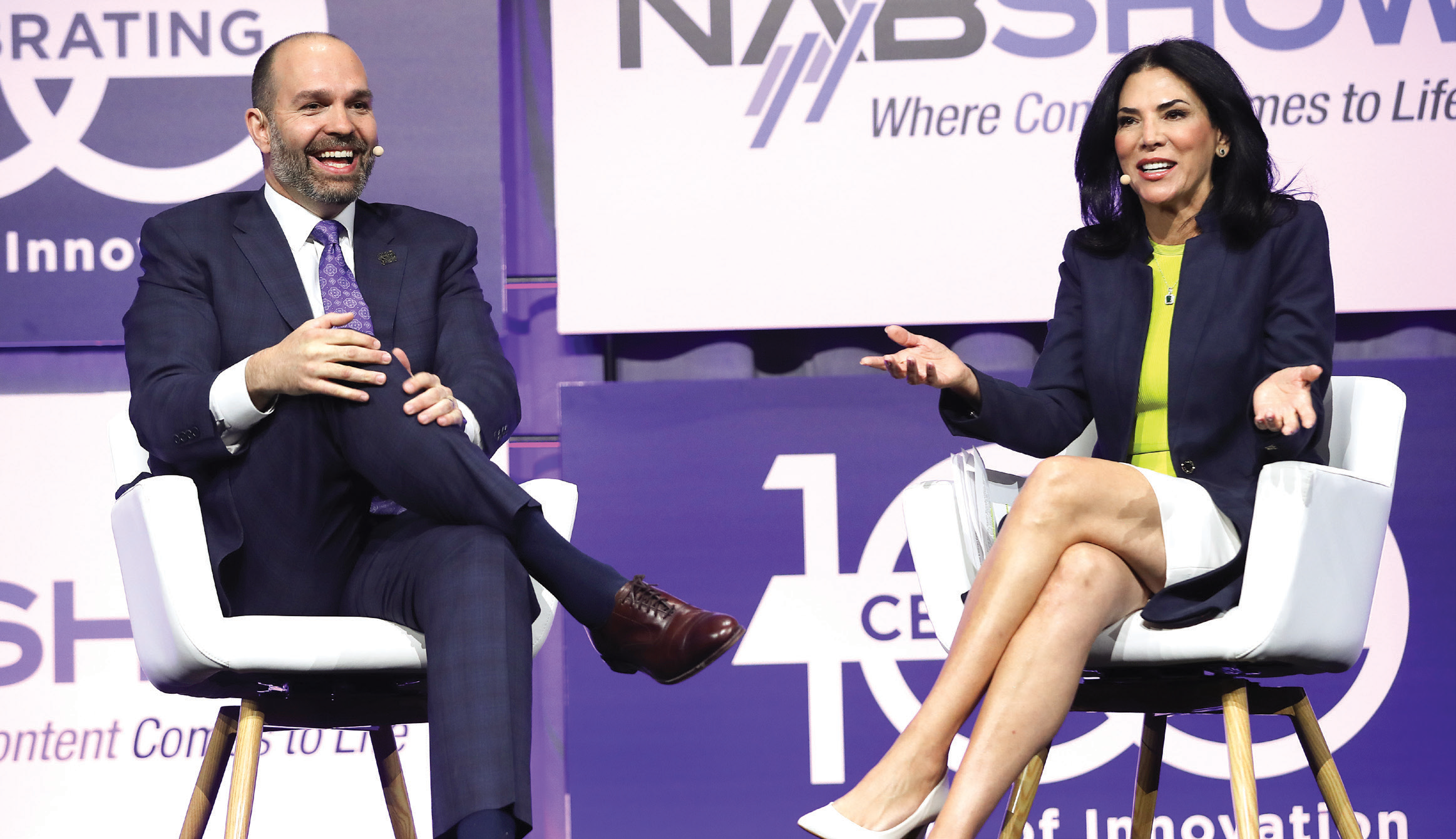  NAB President and CEO Curtis LeGeyt and KMEX Los Angeles anchor Gabriela Tessler at NAB Show’s welcome session on Monday.