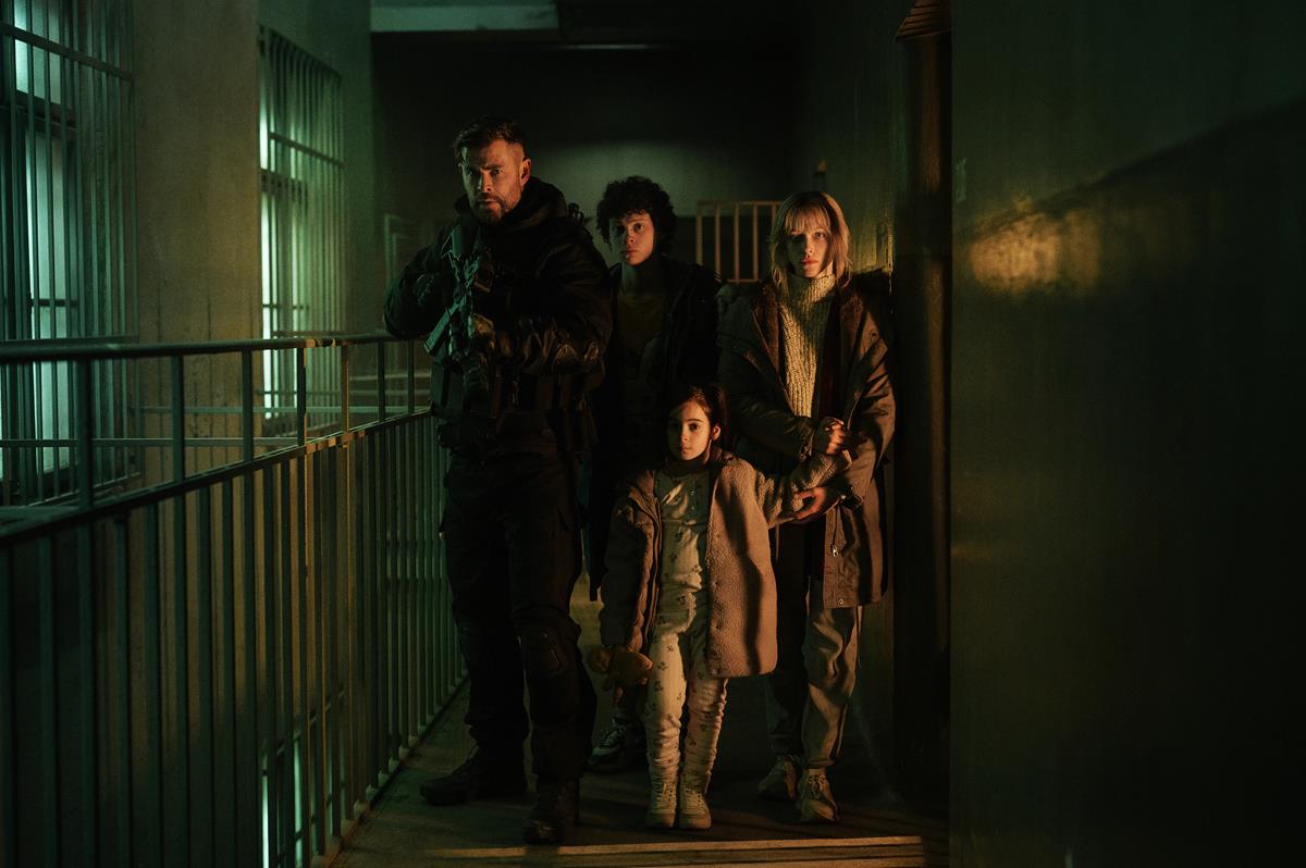 Chris Hemsworth as Tyler Rake, Andro Jafaridze as Sandro, Miriam and Marta Kovziashvili as Nina and Tinatin Dalakishvili as Ketevan in “Extraction 2.” Cr: Jasin Boland/Netflix