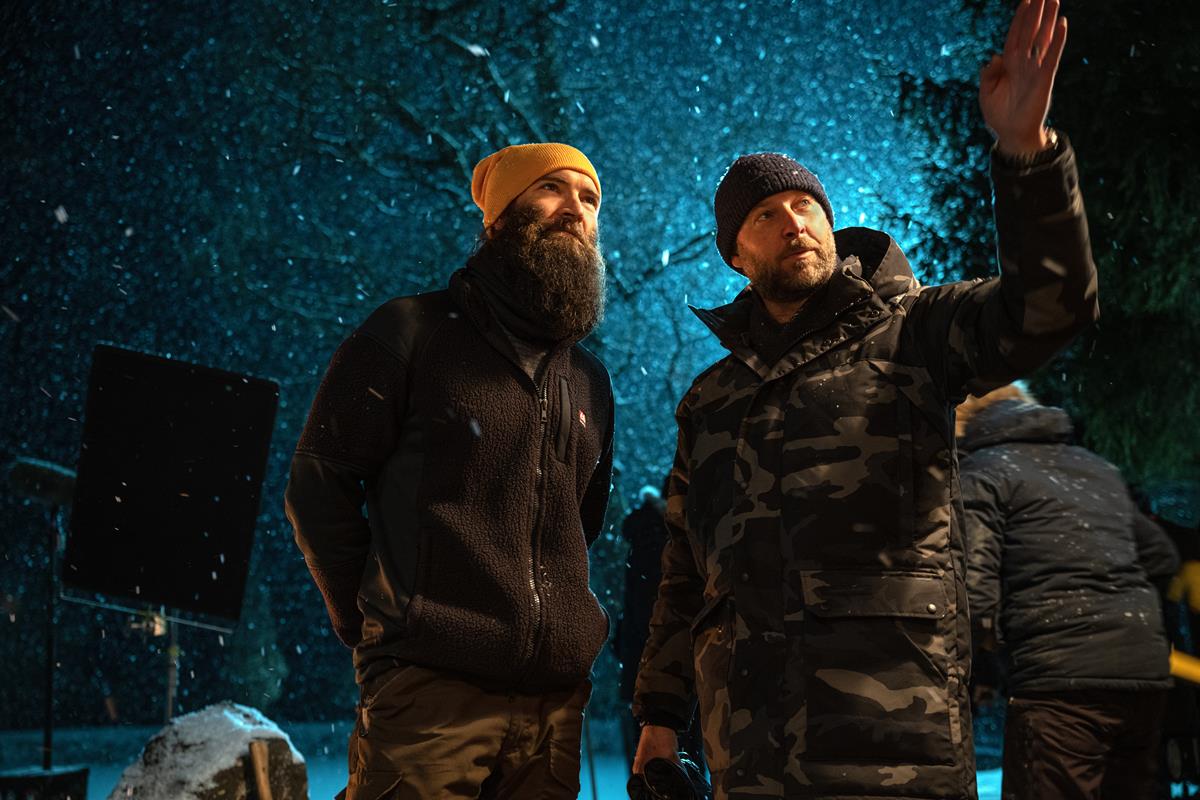 Director Sam Hargrave and cinematographer Greg Baldi on the set of “Extraction 2.” Cr: Jasin Boland/Netflix
