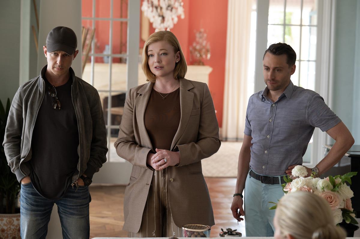 Jeremy Strong as Kendall Roy, Sarah Snook as Shiv Roy, and Kieran Culkin as Roman Roy in Season 4 of “Succession.” Cr: HBO