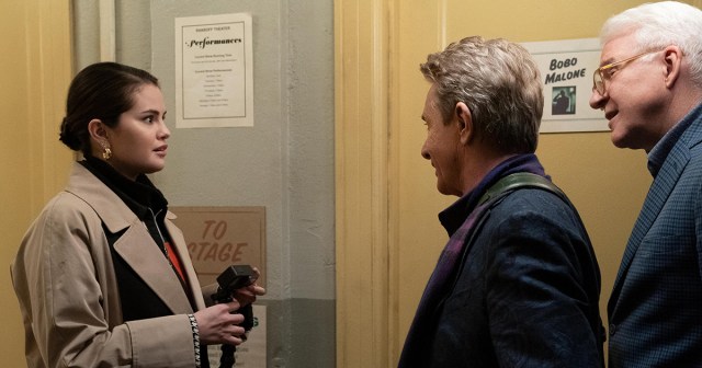 From “Only Murders in the Building:” Mabel (Selena Gomez), Oliver (Martin Short) and Charles (Steve Martin), shown. (Photo by: Patrick Harbron/Hulu)