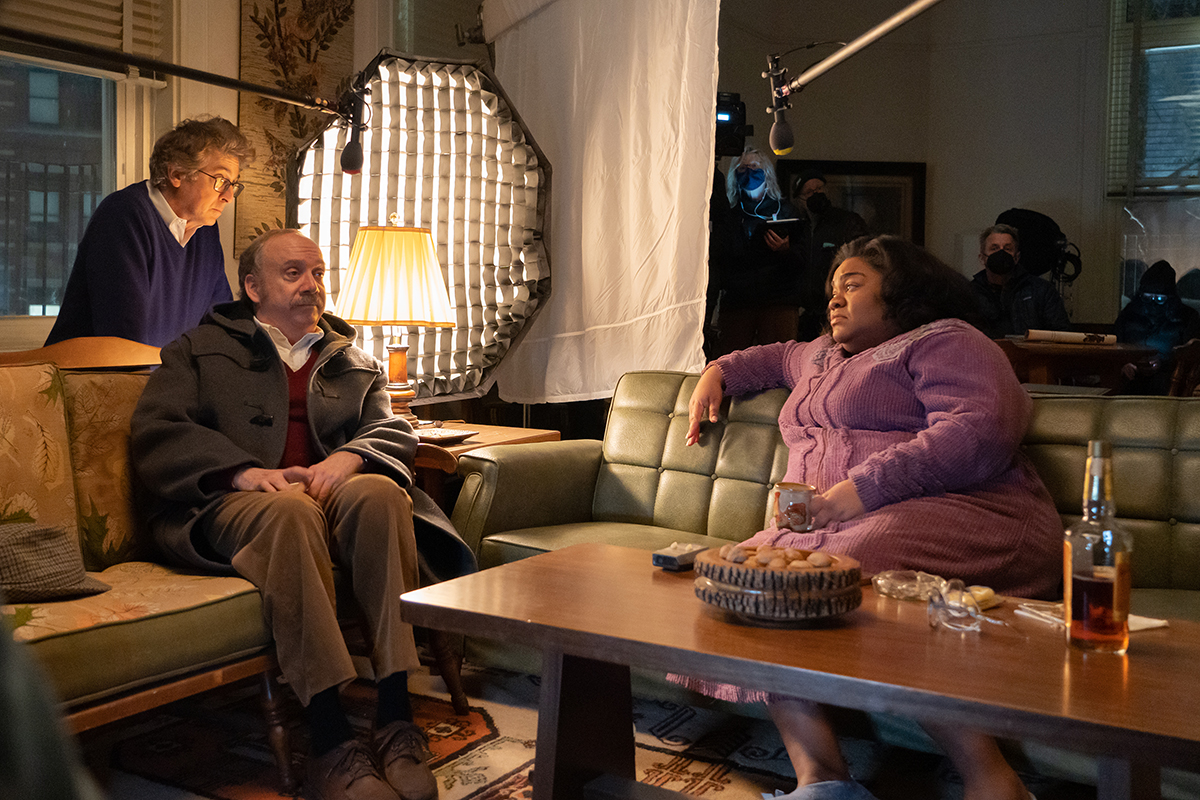 Director Alexander Payne and actors Paul Giamatti and Da’Vine Joy Randolph on the set of their film “The Holdovers,” a Focus Features release Credit: Seacia Pavao