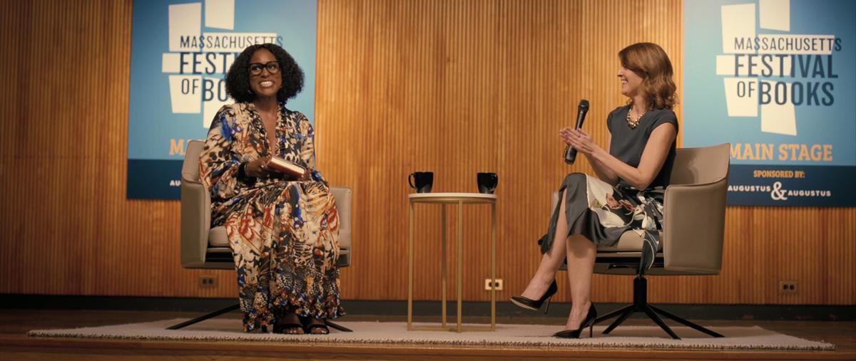 Issa Rae as Sintara Golden and Nicole Kempskie as Sintara’s moderator in writer-director Cord Jefferson’s “American Fiction.” Cr: Orion Pictures