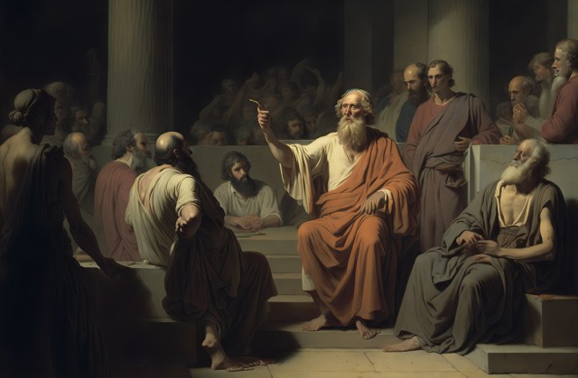 Socrates with a group of judges and citizens, as described by Plato (and generated by AI)